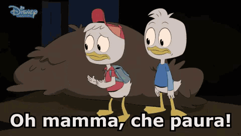 a cartoon of two ducks standing next to each other with the words oh mamma che paura below them
