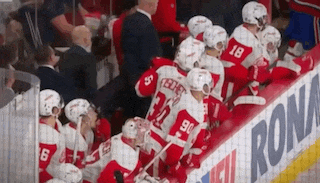 a group of hockey players are sitting in a row on the bench .