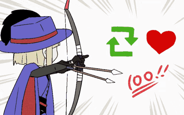 a drawing of a man with a bow and arrow pointing at a green arrow and a red heart
