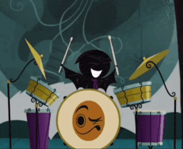 a cartoon character is playing drums with a bat behind him
