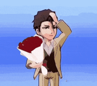 a man in a suit is holding a bouquet of red roses and scratching his head .