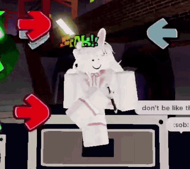 a white rabbit is sitting in a chair in a video game with arrows pointing in different directions .