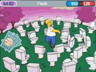 a cartoon of homer simpson surrounded by toilets with a score of 950 x 126
