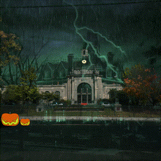 a painting of a lightning storm in front of a building with pumpkins in the foreground