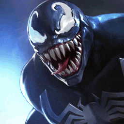 a close up of venom with his mouth open