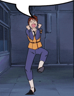 a cartoon character is standing on one leg with a speech bubble above his head