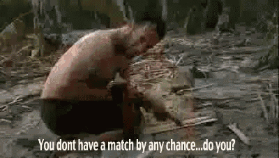 a man is kneeling down in the dirt with the words `` you don t have a match by any chance ... do you ''