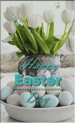 a picture of easter eggs and flowers with the words happy easter day on it