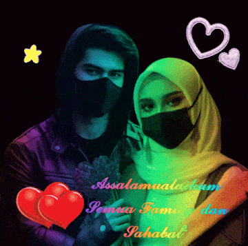 a man and a woman wearing face masks with the words " assalamualaikum semua family dan sahabat " below them