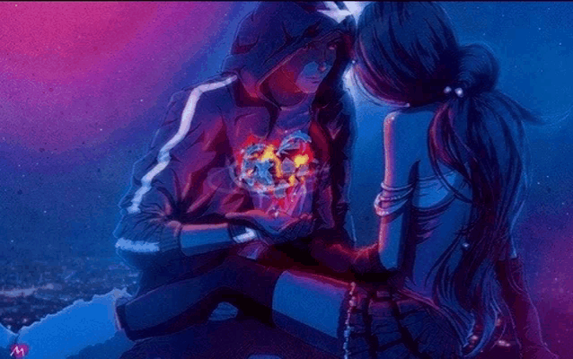 a man and a woman are sitting next to each other and the man is holding a heart in his hands .