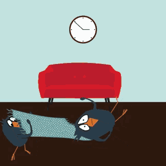 a cartoon of two birds playing on a rug in front of a red couch and a clock