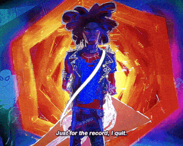 a cartoon character says " just for the record i quit " while holding a guitar