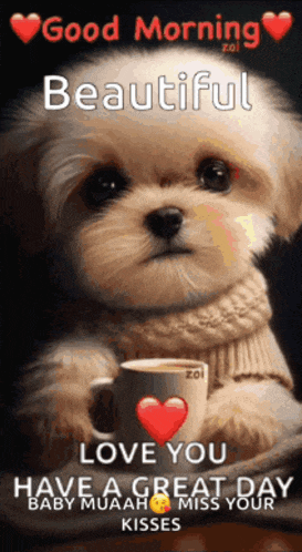 a picture of a puppy holding a cup of coffee