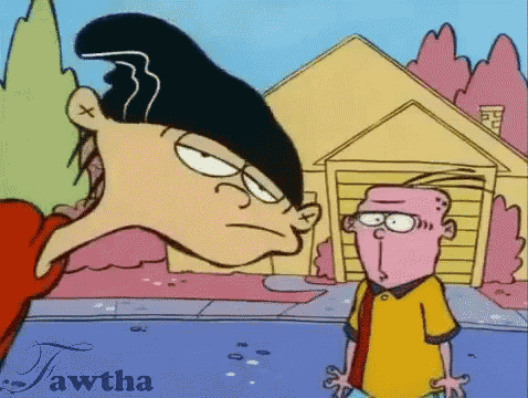 two cartoon characters are standing next to each other in front of a house ..