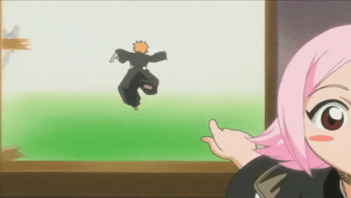a girl with pink hair is standing in front of a window