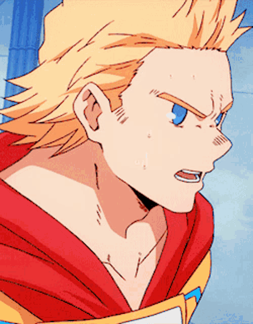a man with blonde hair and blue eyes is wearing a red and yellow shirt
