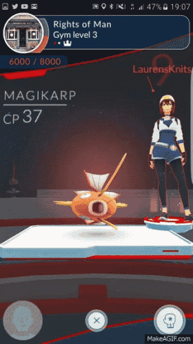 a screenshot of a game that says rights of man gym level 3 and magikarp cp 37