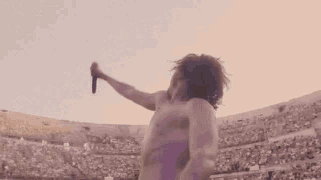 a shirtless man is singing into a microphone in a crowded stadium .