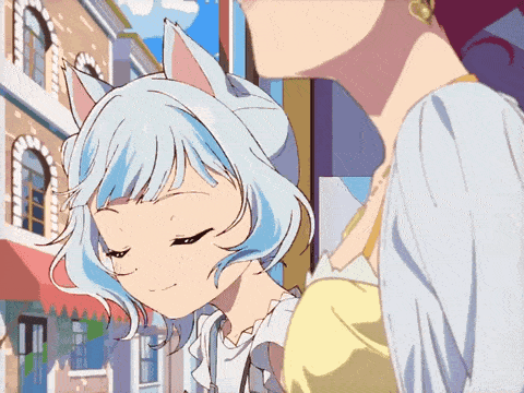 a girl with blue hair and cat ears looks down at something