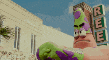 patrick star from spongebob squarepants stands in front of a hotel