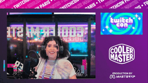 a woman wearing headphones stands in front of a cooler master sign