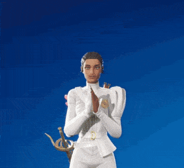 a woman in a white outfit is holding her hands up in the air while holding a sword ..