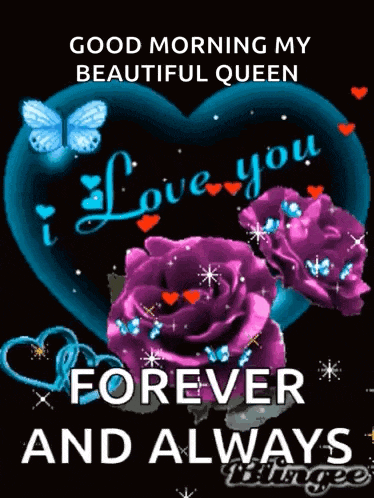 a good morning message to a beautiful queen with purple roses and butterflies