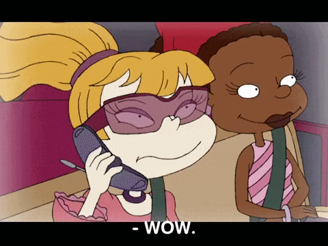 a cartoon of a girl talking on a cell phone with the words wow below it