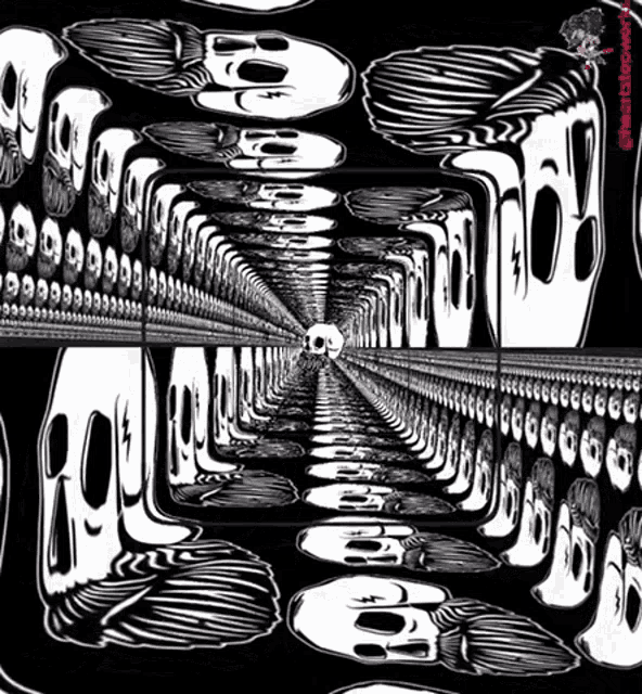 a black and white drawing of a tunnel with skulls and numbers