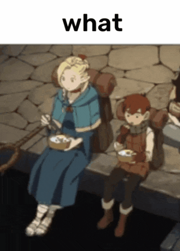 a couple of anime characters sitting next to each other with the word what in the upper right corner