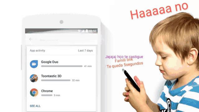 a child is looking at a cell phone with the words haaaa no above him
