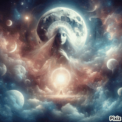 a painting of a woman surrounded by planets and clouds with pixiz in the bottom right corner