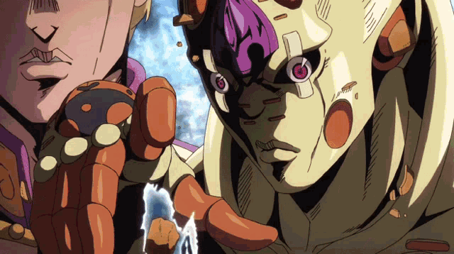 a close up of a cartoon character with a purple eye