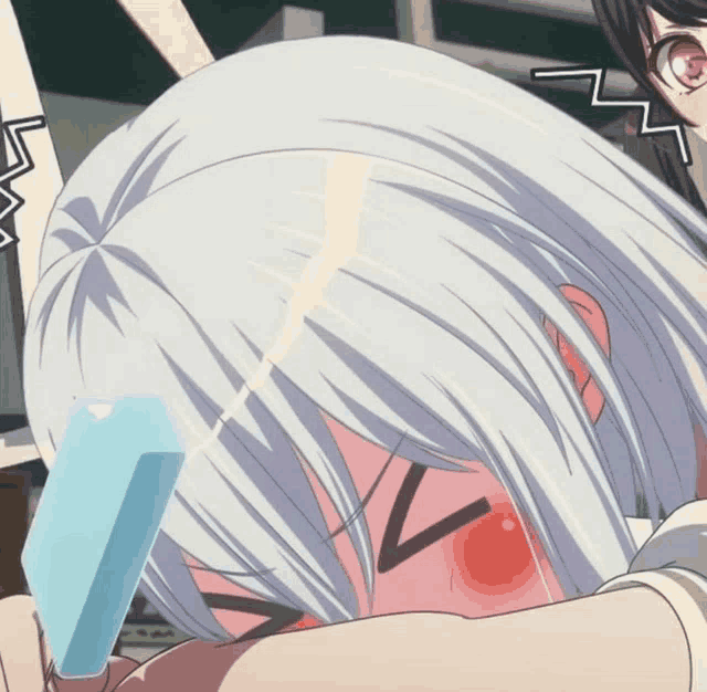 a girl with white hair is holding an ice cream cone