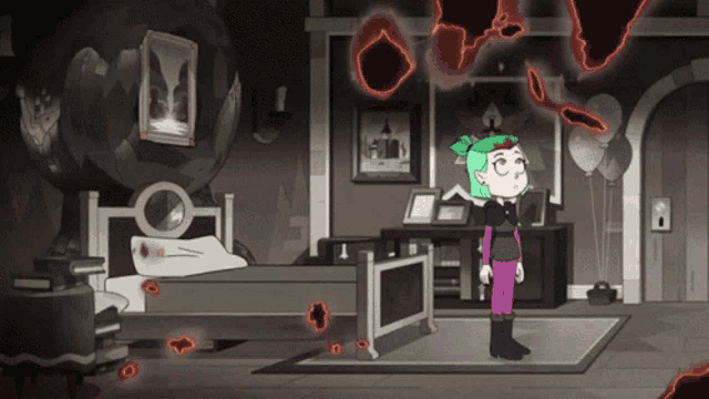 a cartoon character is standing in a dark room