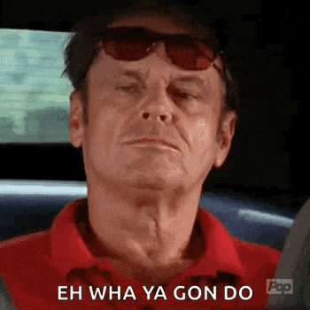 a man wearing sunglasses and a red shirt is sitting in a car and saying `` eh wha ya gon do '' .