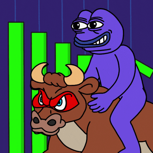 a cartoon of a frog riding a bull with a green bar in the background