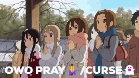 a group of anime girls are praying with the words " owo pray curse " behind them