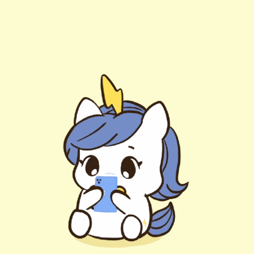 a cartoon drawing of a unicorn with a bell above it