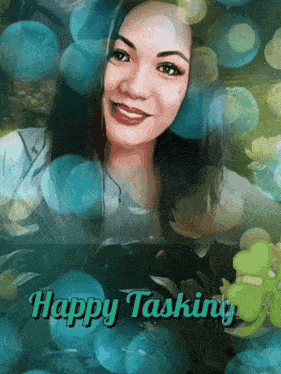 a painting of a woman with the words happy tasking below her