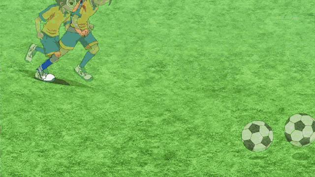 a cartoon character is kicking a soccer ball on a green field