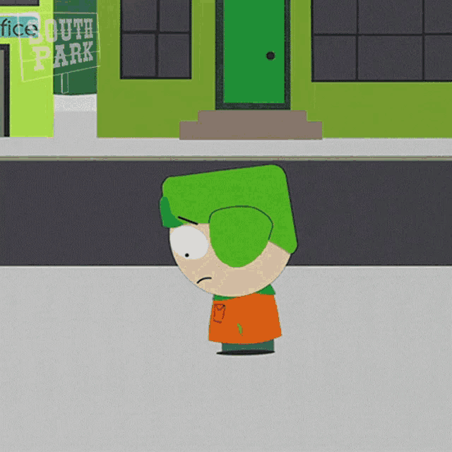 a cartoon character is standing in front of a green building that says post office park