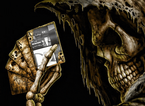 a grim reaper is holding a stack of playing cards with a card that says ' finding ' on it