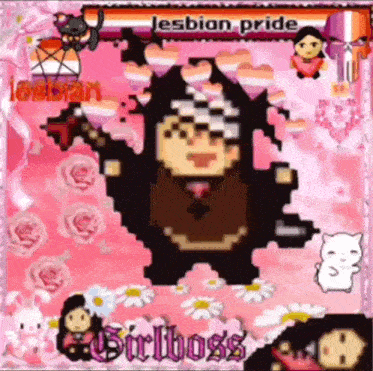 a pixel art of a person with a gun on a pink background with the words lesbian pride on it .