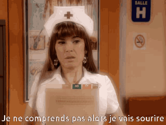 a woman in a nurse 's outfit holds a folder in front of a sign that says " salle h "