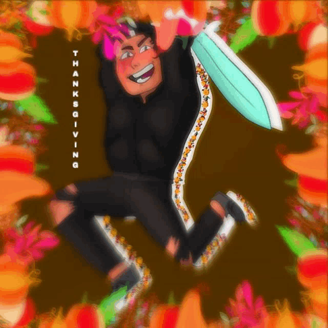 a cartoon drawing of a man holding a sword with the words thanksgiving written on it