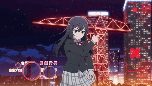 a girl in a school uniform is standing in front of a building that says 00 on it