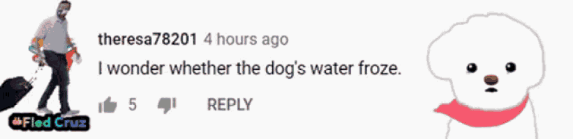theresa78201 4 hours ago i wonder whether the dog 's water froze reply 5 fred cruz