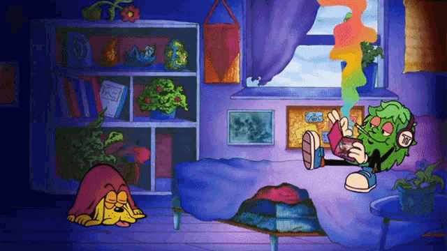 a cartoon character smoking a cigarette in a room