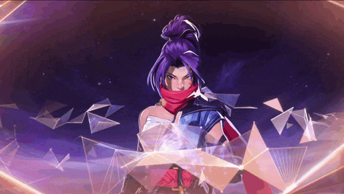 a woman with purple hair and a scarf around her neck is surrounded by triangles